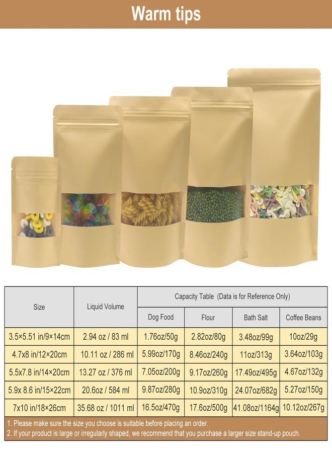 SumDirect Kraft Stand Up Pouches - 100Pcs Resealable Kraft Paper Stand Up Bags with Window, Zipper Disposable Food Storage Bags for Home or Business (100, 4.7x7.8inch) - Image 5