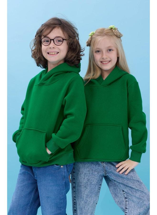 Perendi Unisex Hooded Kangaroo Pocket Ribbed Winter Sweatshirt - Green. - Image 1