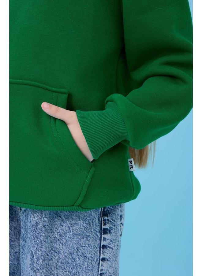 Perendi Unisex Hooded Kangaroo Pocket Ribbed Winter Sweatshirt - Green. - Image 3