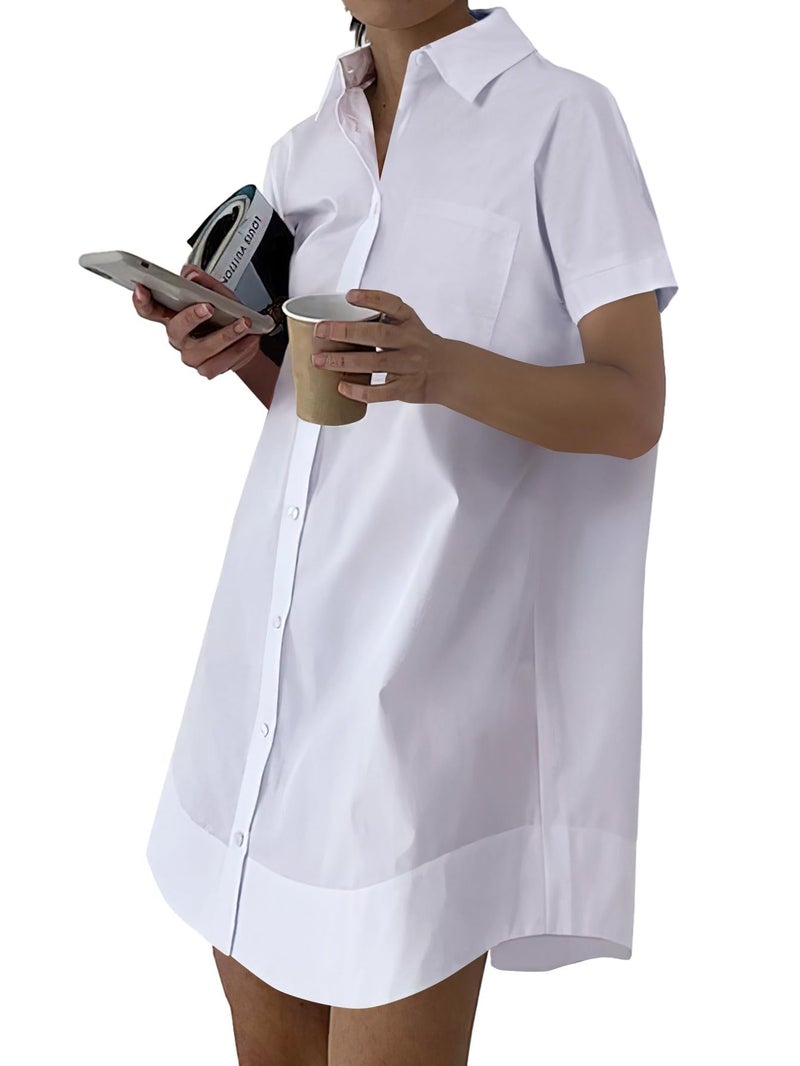 Rooscier Women's Casual Shirt Dress Collar V Neck Short Sleeve Button Down Mini Dresses Pure White Small - Image 1