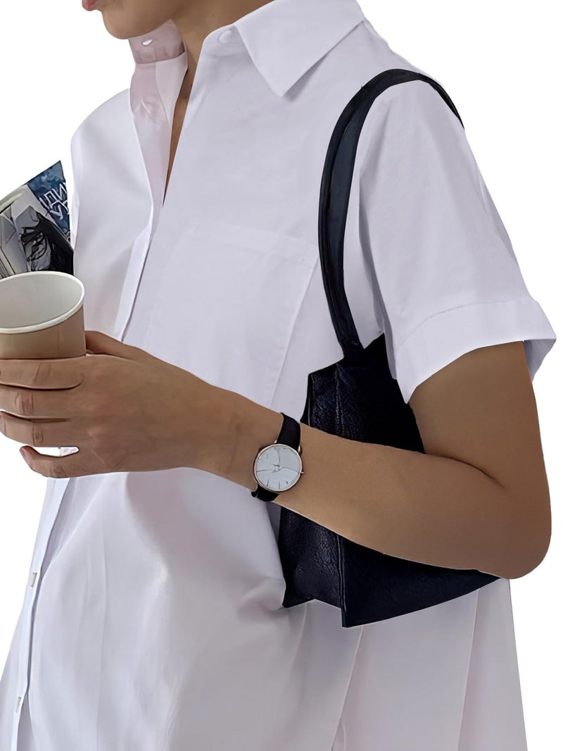Rooscier Women's Casual Shirt Dress Collar V Neck Short Sleeve Button Down Mini Dresses Pure White Small - Image 2