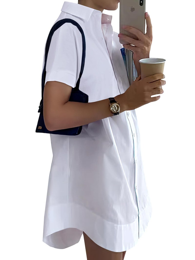 Rooscier Women's Casual Shirt Dress Collar V Neck Short Sleeve Button Down Mini Dresses Pure White Small - Image 3