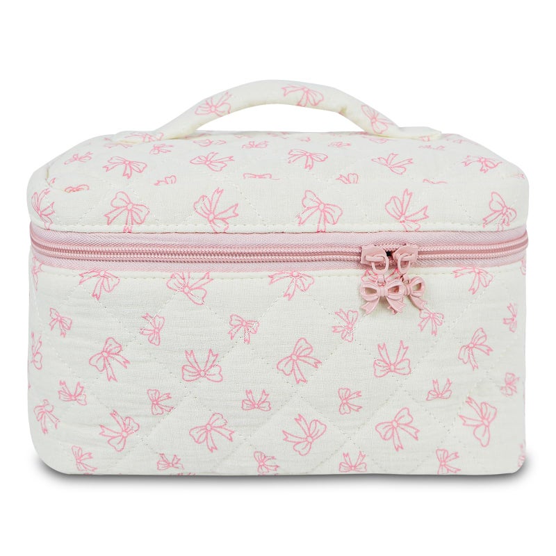 GISMTR Makeup Bag Quilted Bow Cosmetic Bag Large Travel Aesthetic Make up Bag Cute Coquette Toiletry Pouch for Women Girls - Image 2