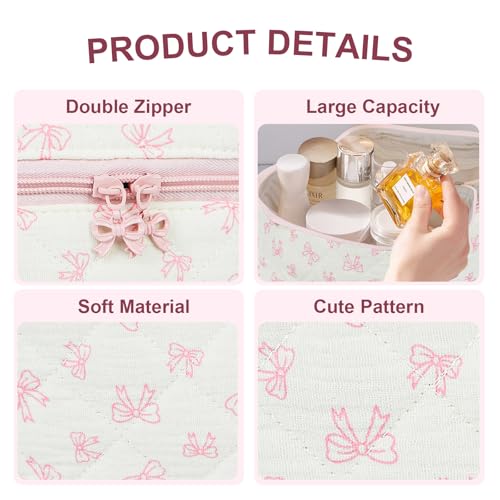 GISMTR Makeup Bag Quilted Bow Cosmetic Bag Large Travel Aesthetic Make up Bag Cute Coquette Toiletry Pouch for Women Girls - Image 3
