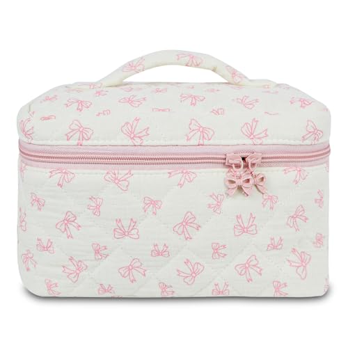 GISMTR Makeup Bag Quilted Bow Cosmetic Bag Large Travel Aesthetic Make up Bag Cute Coquette Toiletry Pouch for Women Girls - Image 1