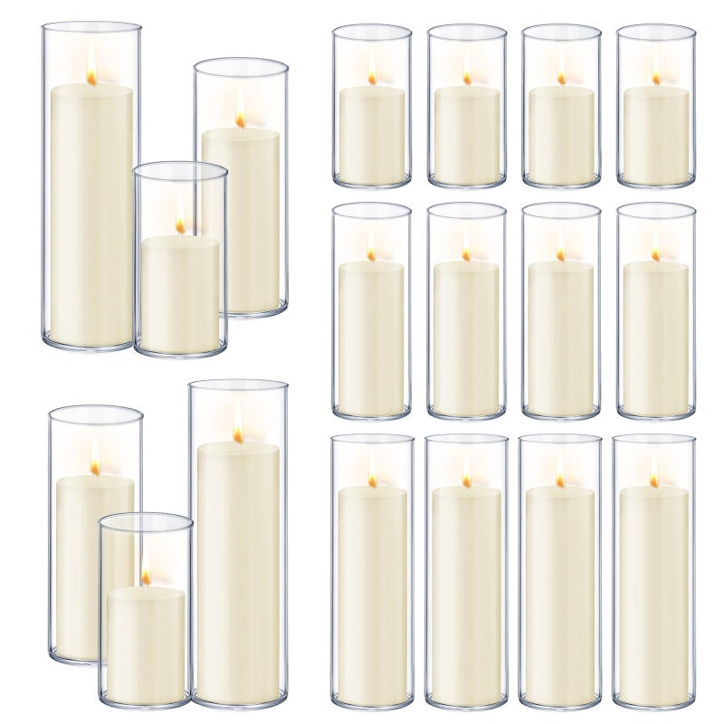 HomJoy 36 PCS Ivory White Pillar Candles with Glass Candle Holders Clear Hurricane Candle Holders Glass Cylinder Vases for Centerpieces Wedding Party, Event, Home Office (18 Candles+18 Candle Hoders) - Image 1