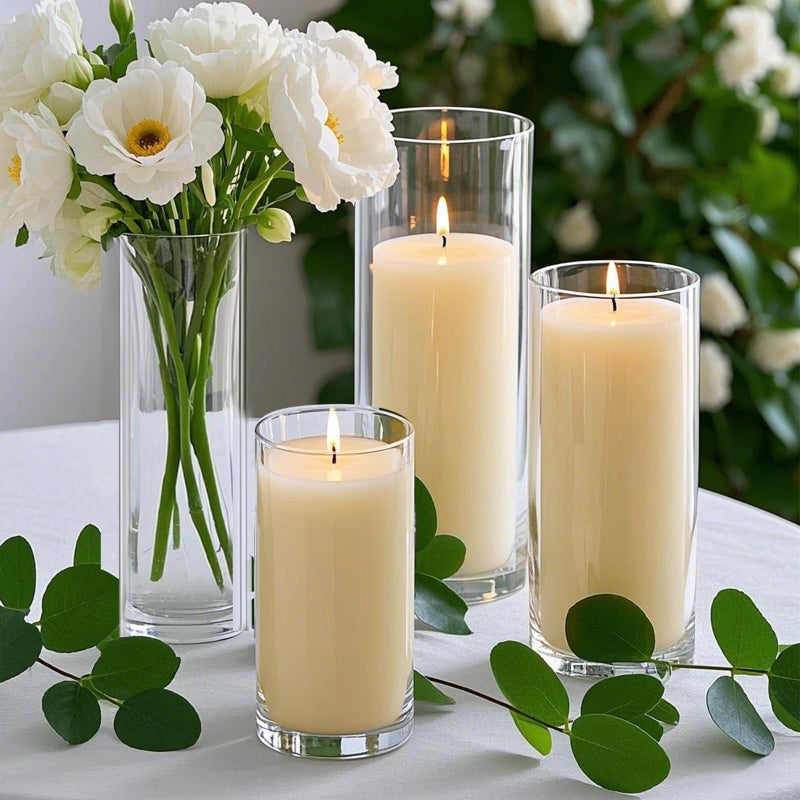 HomJoy 36 PCS Ivory White Pillar Candles with Glass Candle Holders Clear Hurricane Candle Holders Glass Cylinder Vases for Centerpieces Wedding Party, Event, Home Office (18 Candles+18 Candle Hoders) - Image 4