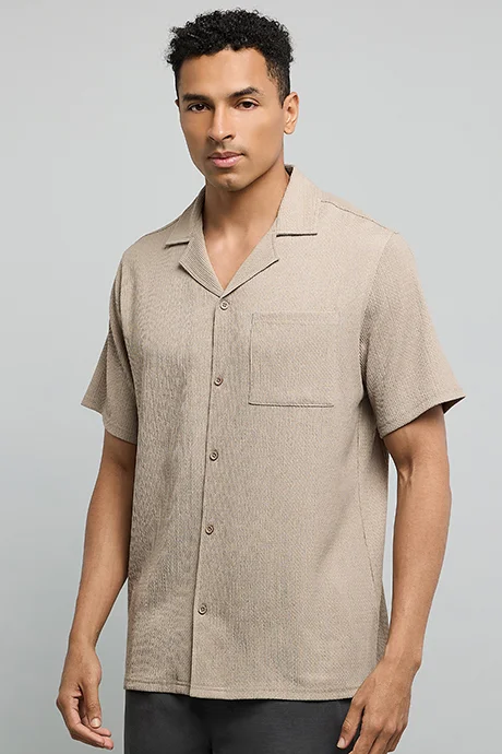 أر أند بي Textured Shirt with Crew Neck and Short Sleeves
