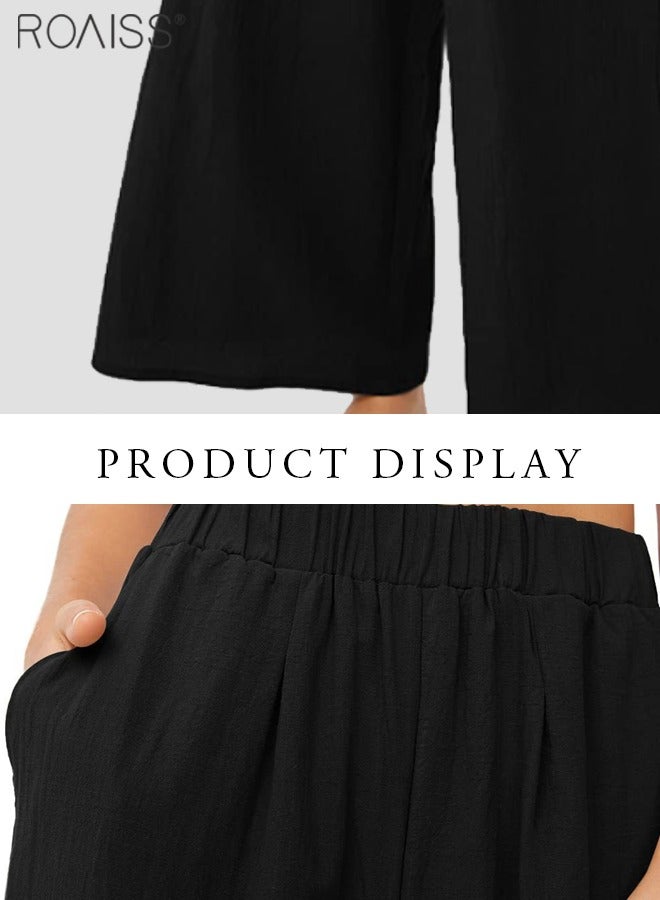 roaiss Womens Cotton Linen Palazzo Pants Elastic Waist Casual Wide Leg Trousers With Pockets - Image 2