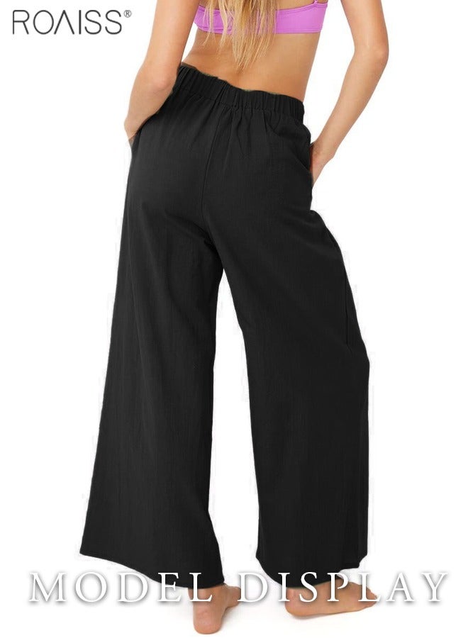 roaiss Womens Cotton Linen Palazzo Pants Elastic Waist Casual Wide Leg Trousers With Pockets - Image 3