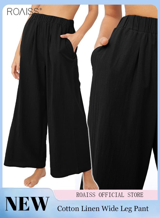 roaiss Womens Cotton Linen Palazzo Pants Elastic Waist Casual Wide Leg Trousers With Pockets - Image 1