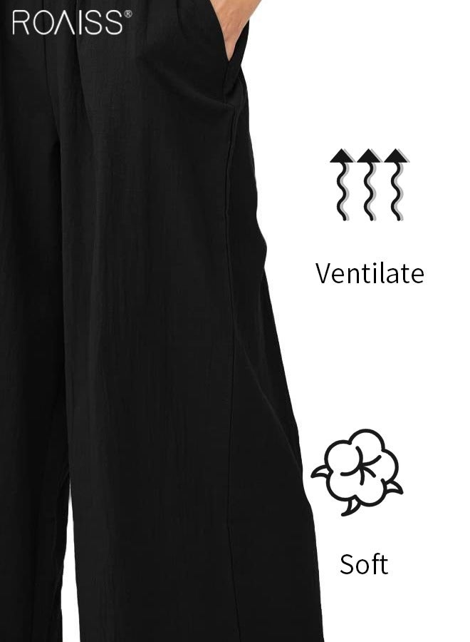 roaiss Womens Cotton Linen Palazzo Pants Elastic Waist Casual Wide Leg Trousers With Pockets - Image 4