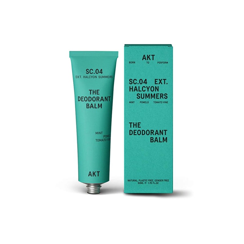AKT AKT, THE DEODORANT BALM. Award winning, multi-use, natural deodorant. Plastic Free. Gender Free. Aluminum Free. 100% effective — 1 tube lasts up to 3 months. SC.04 HALCYON SUMMERS. 1.7 Ounce