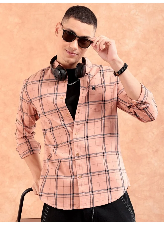 The Indian Garage Co Peach Regular Fit Casual Checks Shirt