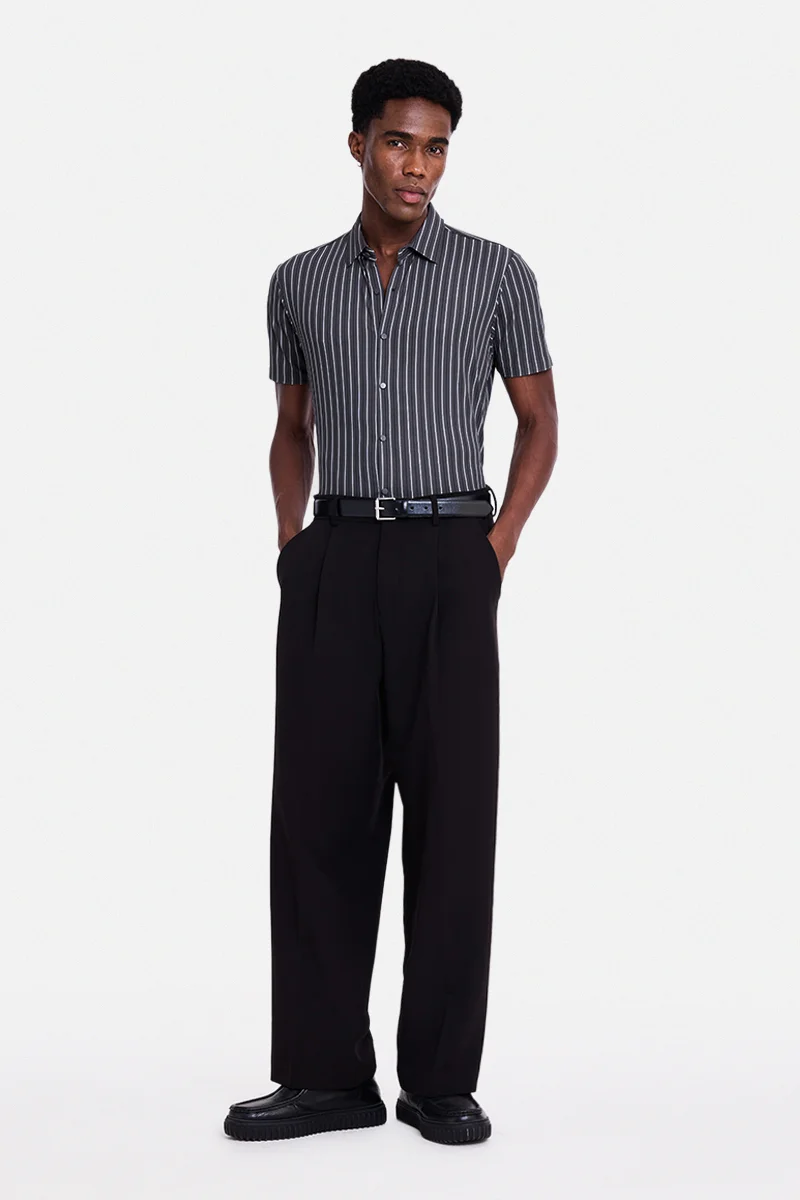 SNITCH Charcoal Grey Striped Half Sleeve Regular Fit Shirt