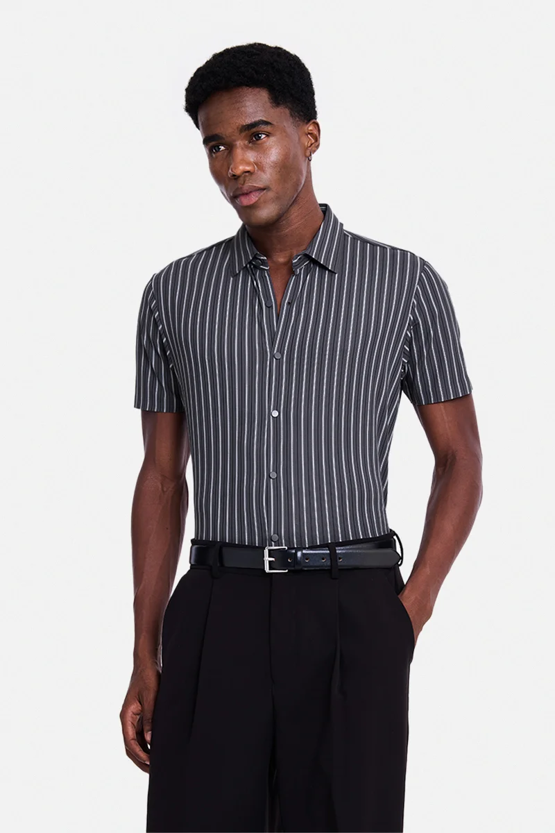 SNITCH Charcoal Grey Striped Half Sleeve Regular Fit Shirt