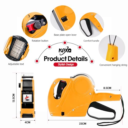 KPX Pricing Tag Gun, 8 Digits, 5150 White Labels, Yellow (Rectangular, Paper, 21*12 mm), One Touch Open System, Incl 3 Inker Rollers - Image 2