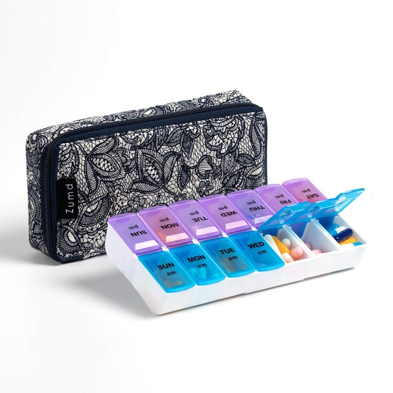 zumd Weekly Pill Organizer 2 Times a Day, Zumd Pill Box 7 Day with Cute Quilted Fabric Zipper Case, Travel Pill Case Am Pm for Vitamin Medicine Organizer - Image 1