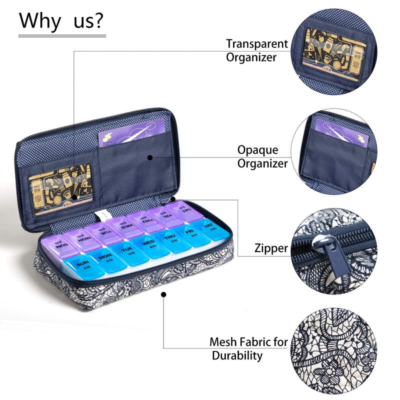 zumd Weekly Pill Organizer 2 Times a Day, Zumd Pill Box 7 Day with Cute Quilted Fabric Zipper Case, Travel Pill Case Am Pm for Vitamin Medicine Organizer - Image 3
