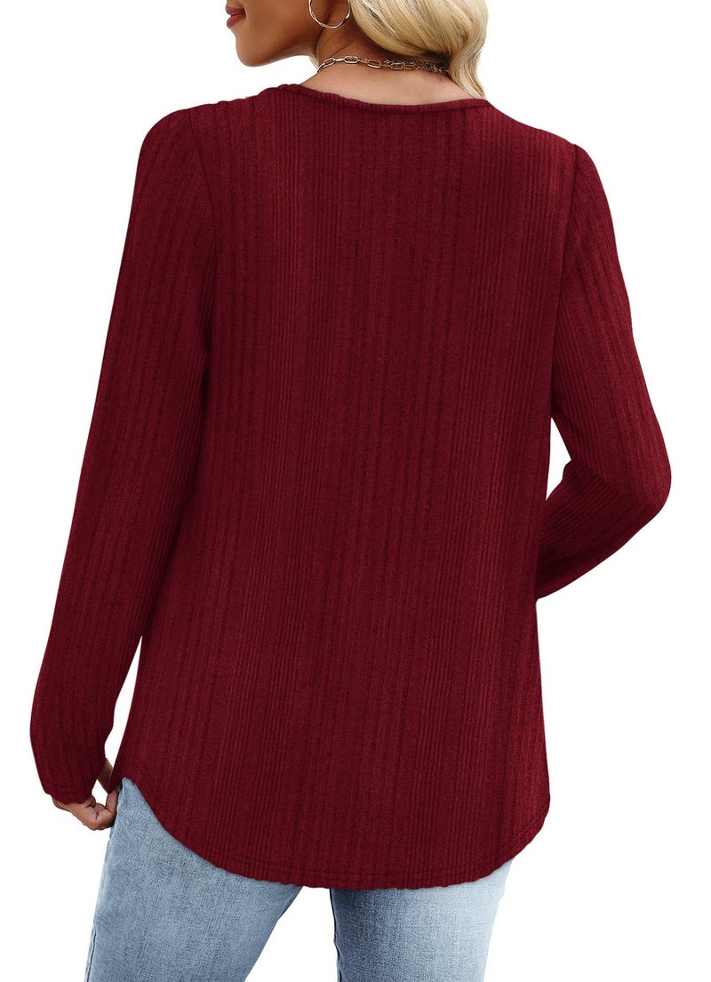 WIHOLL Fall Outfits for women 2025 V Neck Long Sleeve Shirts Womens Tops Dressy Casual Cute Work Spring Fall Clothes Business Casual Lightweight Sweaters Tunic Blouses 2026 Fashion Clothing Red 2XL - Image 5