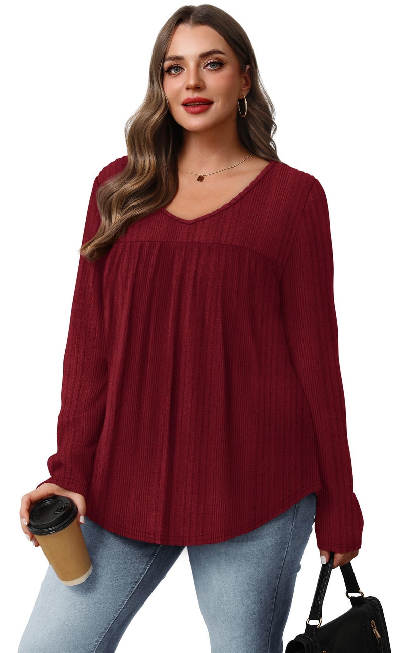WIHOLL Fall Outfits for women 2025 V Neck Long Sleeve Shirts Womens Tops Dressy Casual Cute Work Spring Fall Clothes Business Casual Lightweight Sweaters Tunic Blouses 2026 Fashion Clothing Red 2XL - Image 3