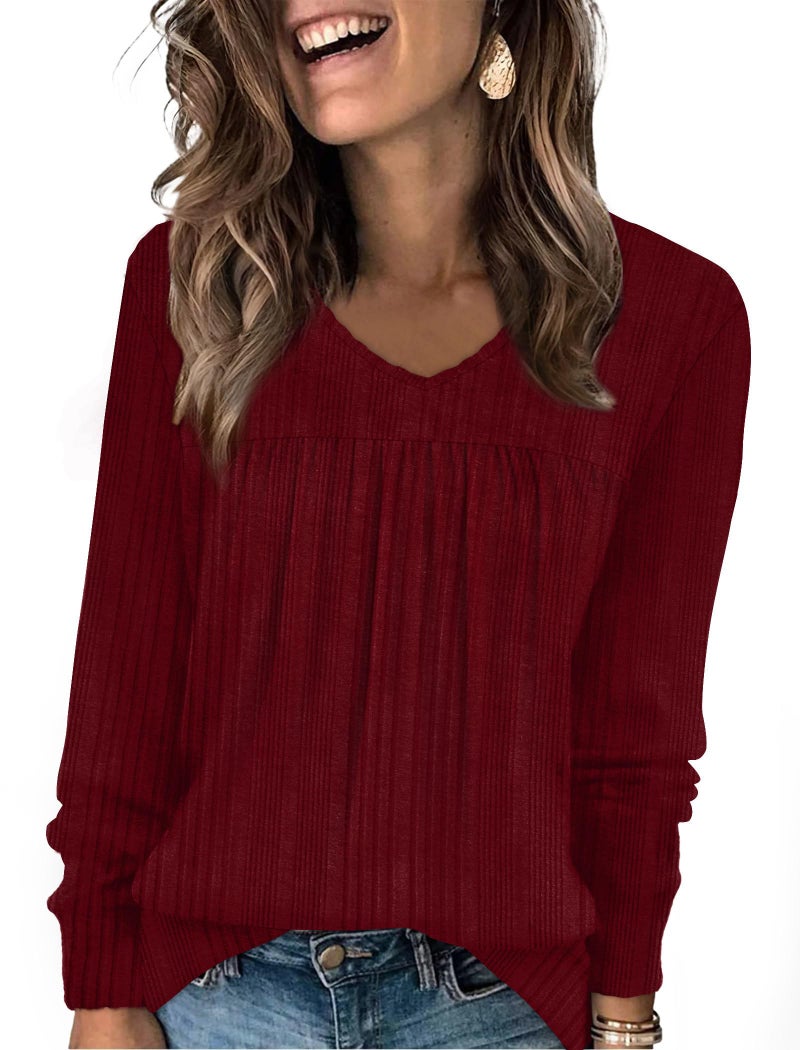 WIHOLL Fall Outfits for women 2025 V Neck Long Sleeve Shirts Womens Tops Dressy Casual Cute Work Spring Fall Clothes Business Casual Lightweight Sweaters Tunic Blouses 2026 Fashion Clothing Red 2XL - Image 1