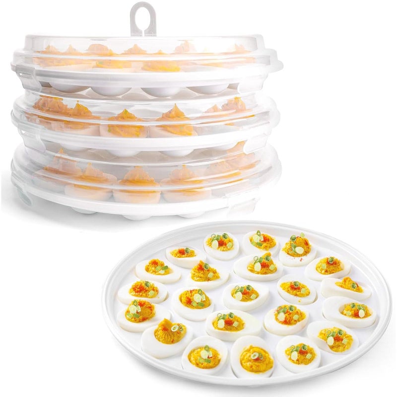 HANSGO Deviled Egg Containers with Lid 3PCS Deviled Egg Platter Carrier Holder Trays with 66 Slots for Festival Party and Home Kitchen White