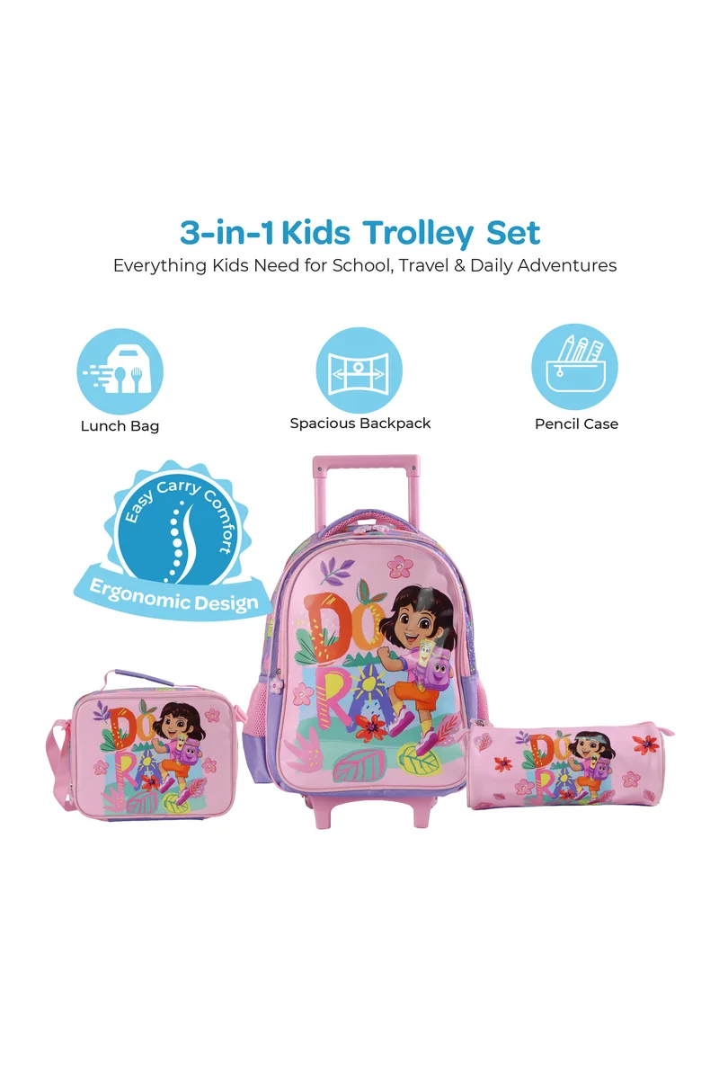 Moon MOON Licensed Dora the Explorer  3 in 1 Kids Trolley Set   - (16-Inch) Premium Kids School Bag with Lunch Bag & Pencil Case-Pink