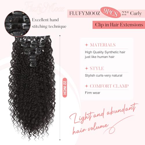 FLUFYMOOZ 9PCS Clip in Hair Extensions 22 Inch Curly Hair Extension Long Soft Synthetic Hairpieces for Women (Black Brown) - Image 2