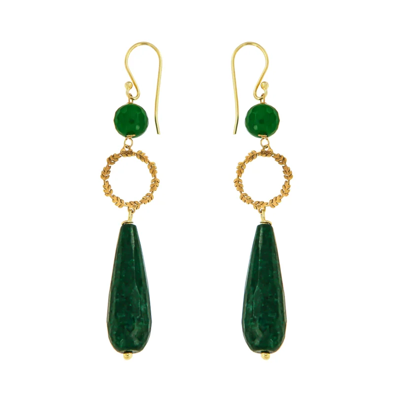 Guendalina Silver Yellow Gold Plated Earrings with Semi Precious Stones: Green Agate