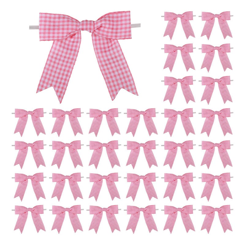 Meseey 30 Pcs 35 Inches Gingham Ribbon Bows with Twist Tie Pink and White Buffalo Check Premade Craft Bows for Gift Wrapping Basket Wedding Baby Shower Brithday Party PinkW - Image 3