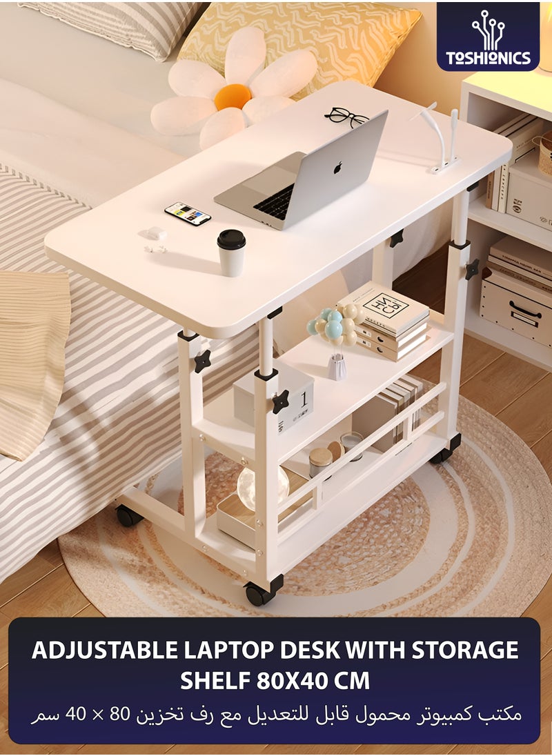 Toshionics - Adjustable Laptop Table with Storage Shelf and Rolling Wheels Space-Saving Side End Table for Home Office Study Writing Gaming Mobile and Computer Workstation with Wheels Multi-Purpose Nightstand for Bedroom Living Room Office Compact Snack Tray Table for Couch and Sofa (80x40 cm) - Image 1