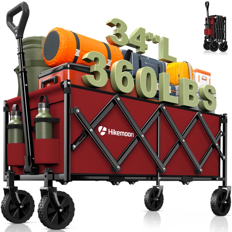 Hikemoon 34'' Extra Long Collapsible Wagons Carts Foldable, 360LBS Heavy Duty Folding Beach Wagon with Wheels, Portable Utility Outdoor Cart for Grocery, Garden, Sports, Camping, Red - Image 1
