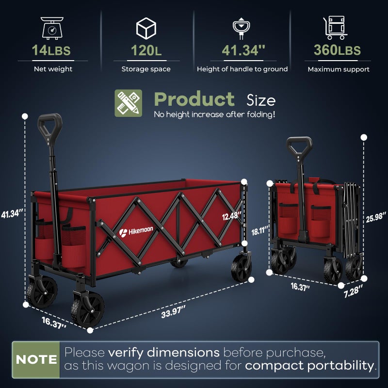 Hikemoon 34'' Extra Long Collapsible Wagons Carts Foldable, 360LBS Heavy Duty Folding Beach Wagon with Wheels, Portable Utility Outdoor Cart for Grocery, Garden, Sports, Camping, Red - Image 4