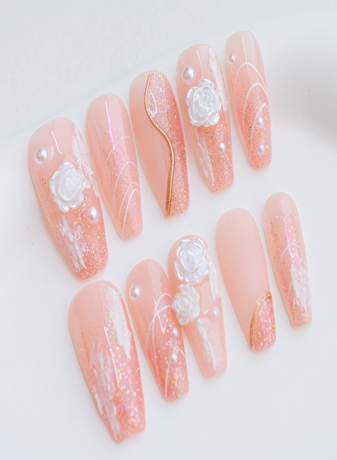 Sun&Beam Nails Handmade Press on Fake Nails Medium Long Nail Tips Popular Design Ballerina Pink 3D Flower Cute Pearl with Storage Box 10 Pcs (002 XS) - Image 1