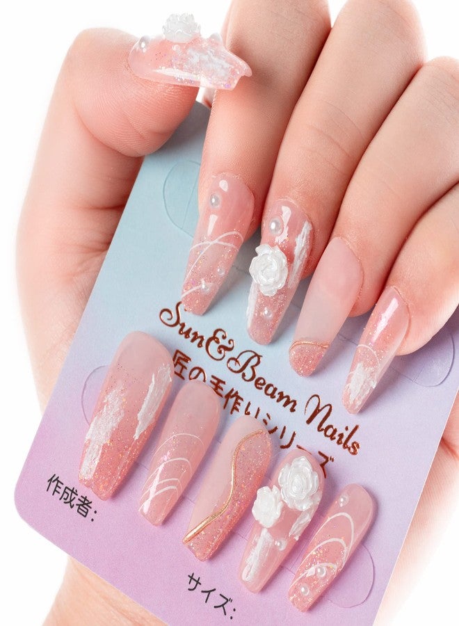 Sun&Beam Nails Handmade Press on Fake Nails Medium Long Nail Tips Popular Design Ballerina Pink 3D Flower Cute Pearl with Storage Box 10 Pcs (002 XS) - Image 2