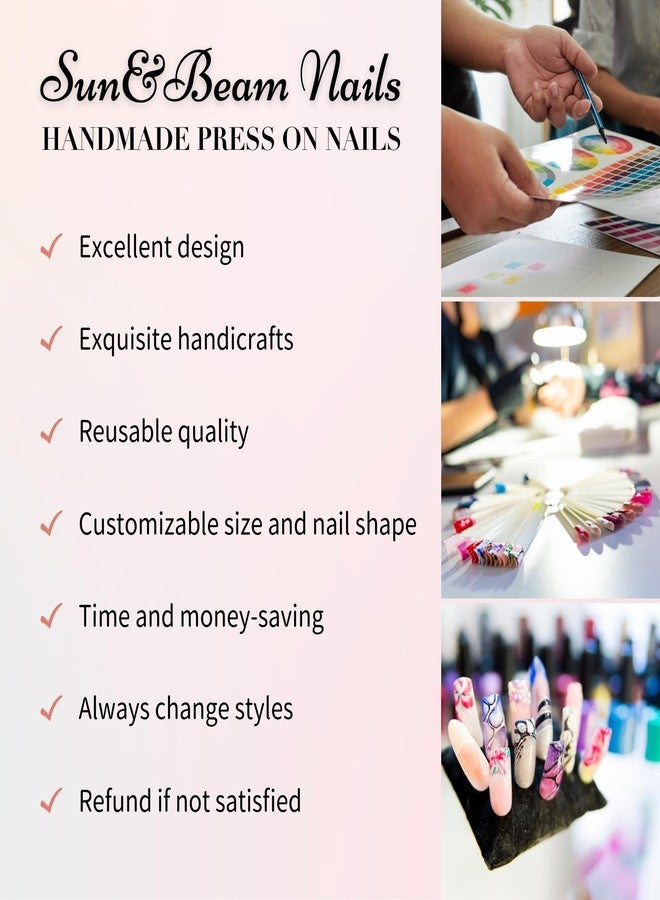 Sun&Beam Nails Handmade Press on Fake Nails Medium Long Nail Tips Popular Design Ballerina Pink 3D Flower Cute Pearl with Storage Box 10 Pcs (002 XS) - Image 4