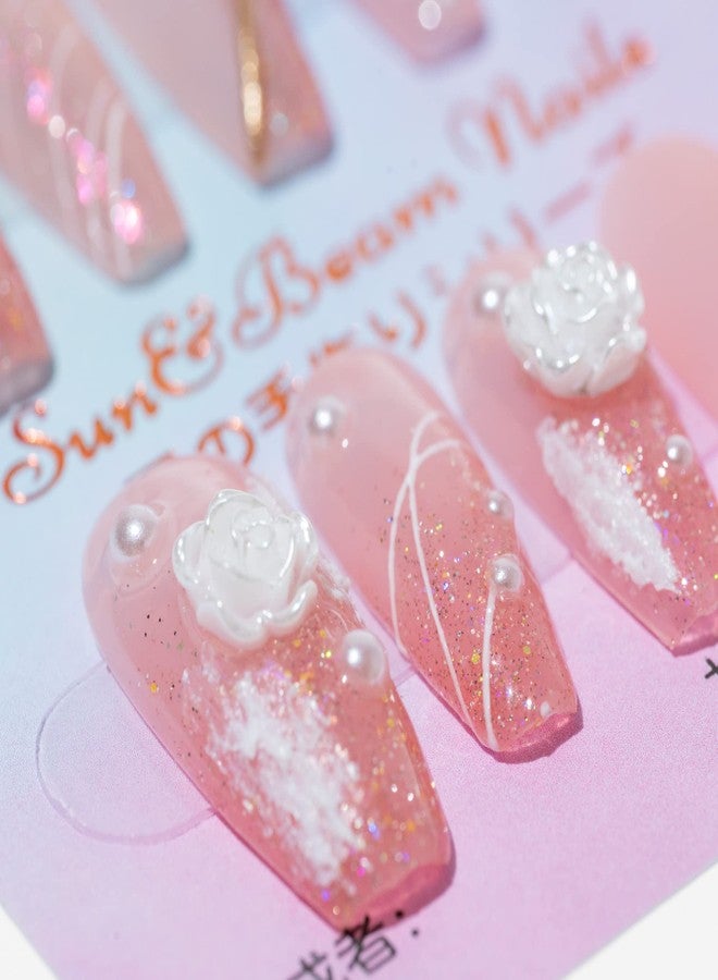 Sun&Beam Nails Handmade Press on Fake Nails Medium Long Nail Tips Popular Design Ballerina Pink 3D Flower Cute Pearl with Storage Box 10 Pcs (002 XS) - Image 3