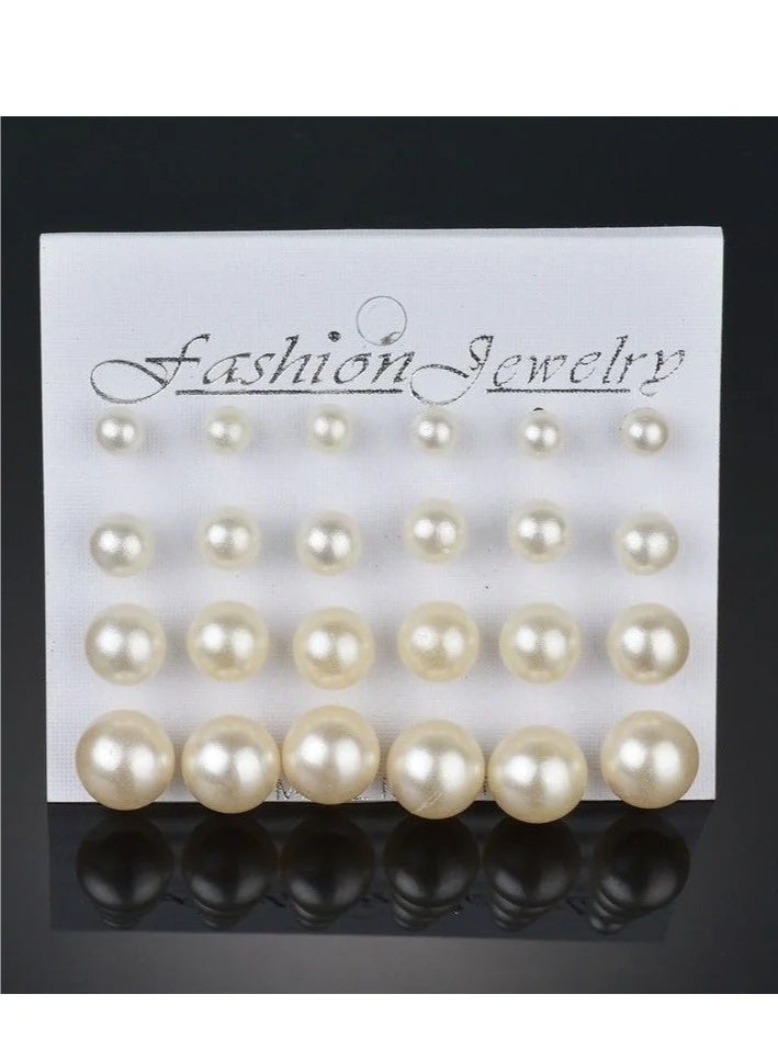 Fashion Jewelry Beige Stud Earrings 12 pairs of Pearl Stud earrings set Value Combination simple and generous pearl stud earrings - Image 1