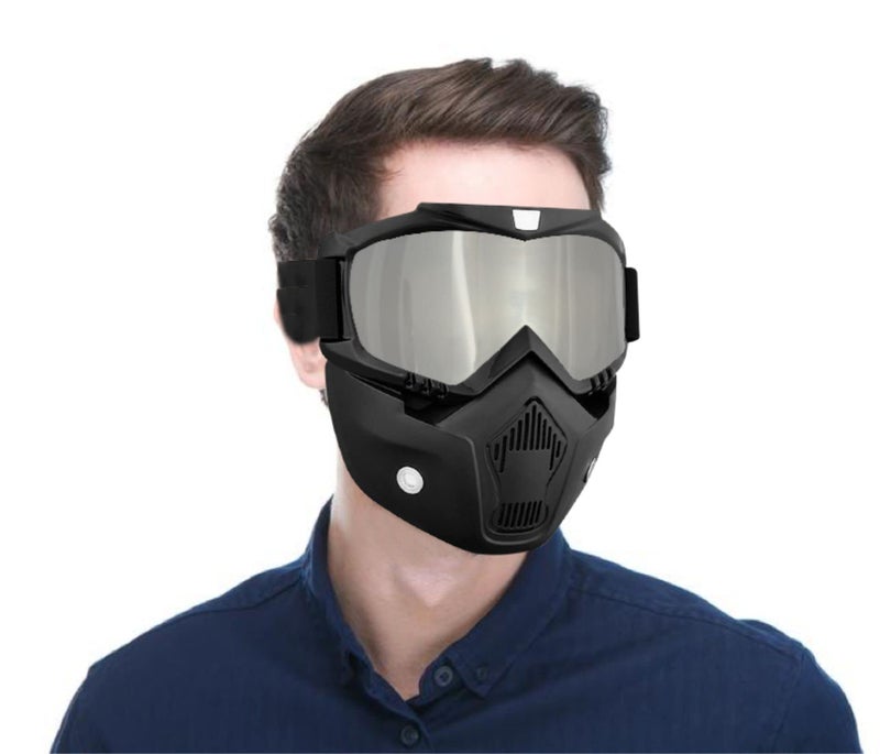 SORAX 3 in 1 Detachable Mask with Foam face shield Protective Goggles for Bike Scooter Motorcycle (Silver) - Image 1