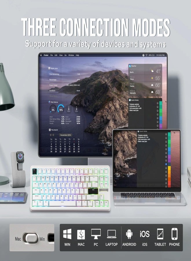ابوماكر لوحة مفاتيح ميكانيكية لاسلكية EPOMAKER TH85 QMK/VIA، بلوتوث 5.0/2.4 جيجاهرتز/USB-C، مفاتيح خطية كريمية مخصصة مشحمة مسبقًا، لوحة مفاتيح كريمية مزودة بحشية للكمبيوتر الشخصي/ماك/المكتب/الألعاب (أبيض) - Image 3