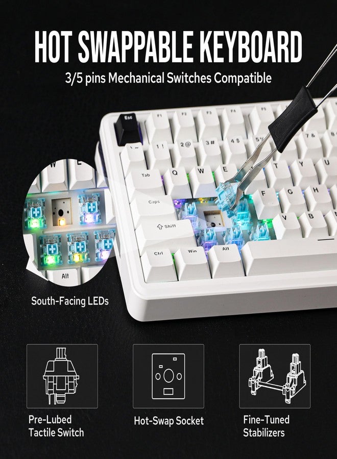 ابوماكر لوحة مفاتيح ميكانيكية لاسلكية EPOMAKER TH85 QMK/VIA، بلوتوث 5.0/2.4 جيجاهرتز/USB-C، مفاتيح خطية كريمية مخصصة مشحمة مسبقًا، لوحة مفاتيح كريمية مزودة بحشية للكمبيوتر الشخصي/ماك/المكتب/الألعاب (أبيض) - Image 4