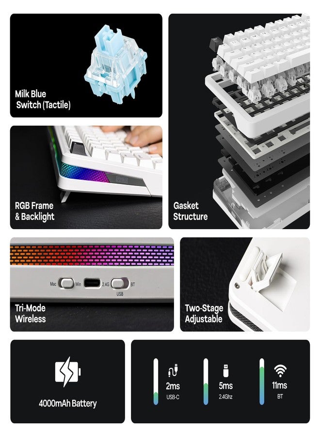 ابوماكر لوحة مفاتيح ميكانيكية لاسلكية EPOMAKER TH85 QMK/VIA، بلوتوث 5.0/2.4 جيجاهرتز/USB-C، مفاتيح خطية كريمية مخصصة مشحمة مسبقًا، لوحة مفاتيح كريمية مزودة بحشية للكمبيوتر الشخصي/ماك/المكتب/الألعاب (أبيض) - Image 2