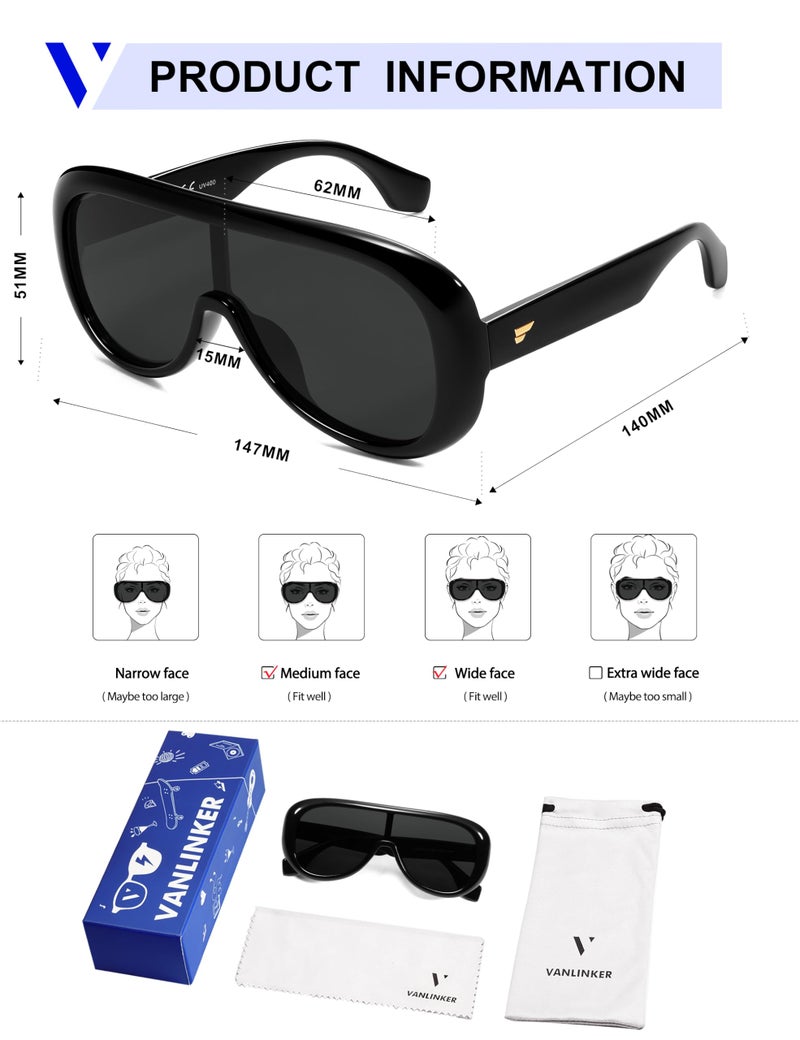 VANLINKER Oversized Aviator Square Sunglasses Womens Men Trendy One-Piece Polarized Lens Retro Futuristic Mask Shades VL9888, Black Frame Grey Lens - Image 5