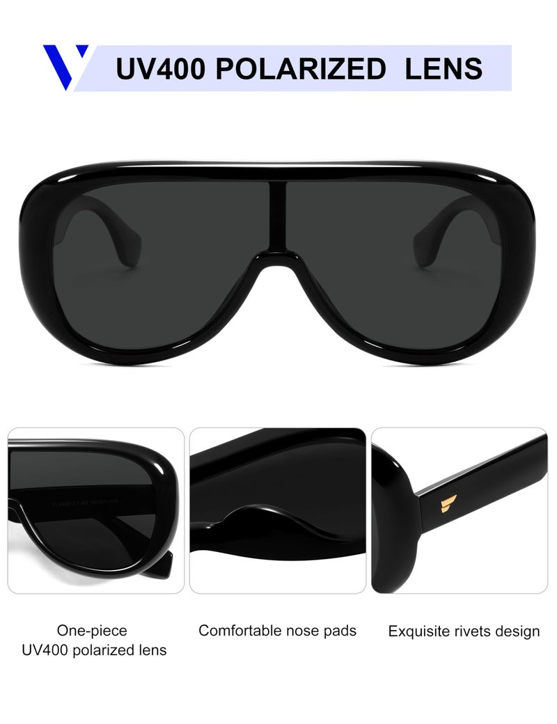 VANLINKER Oversized Aviator Square Sunglasses Womens Men Trendy One-Piece Polarized Lens Retro Futuristic Mask Shades VL9888, Black Frame Grey Lens - Image 4