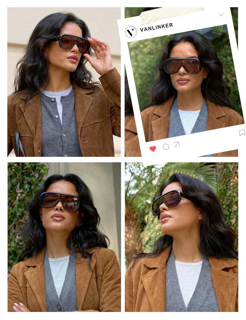 VANLINKER Oversized Aviator Square Sunglasses Womens Men Trendy One-Piece Polarized Lens Retro Futuristic Mask Shades VL9888, Black Frame Grey Lens - Image 2