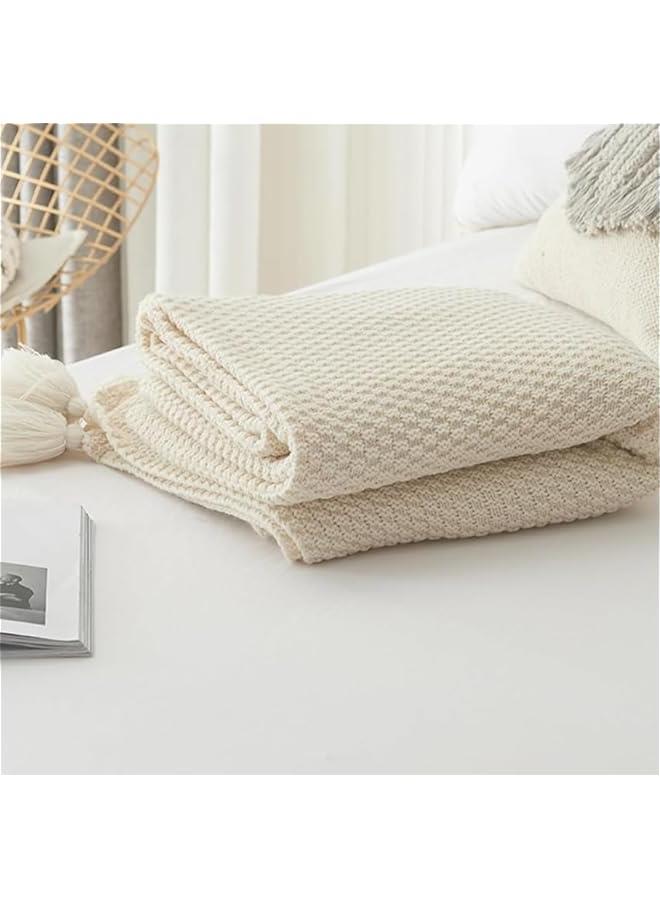 HOOKOR Knitted Throw Blankets, Cozy Lightweight Decorative Throw, Warm Woven Blanket with Tassels for Couch Sofa, Bed and Living Room, All Seasons Suitable for Women, Men and Kids (Beige, 120X150cm) - Image 4
