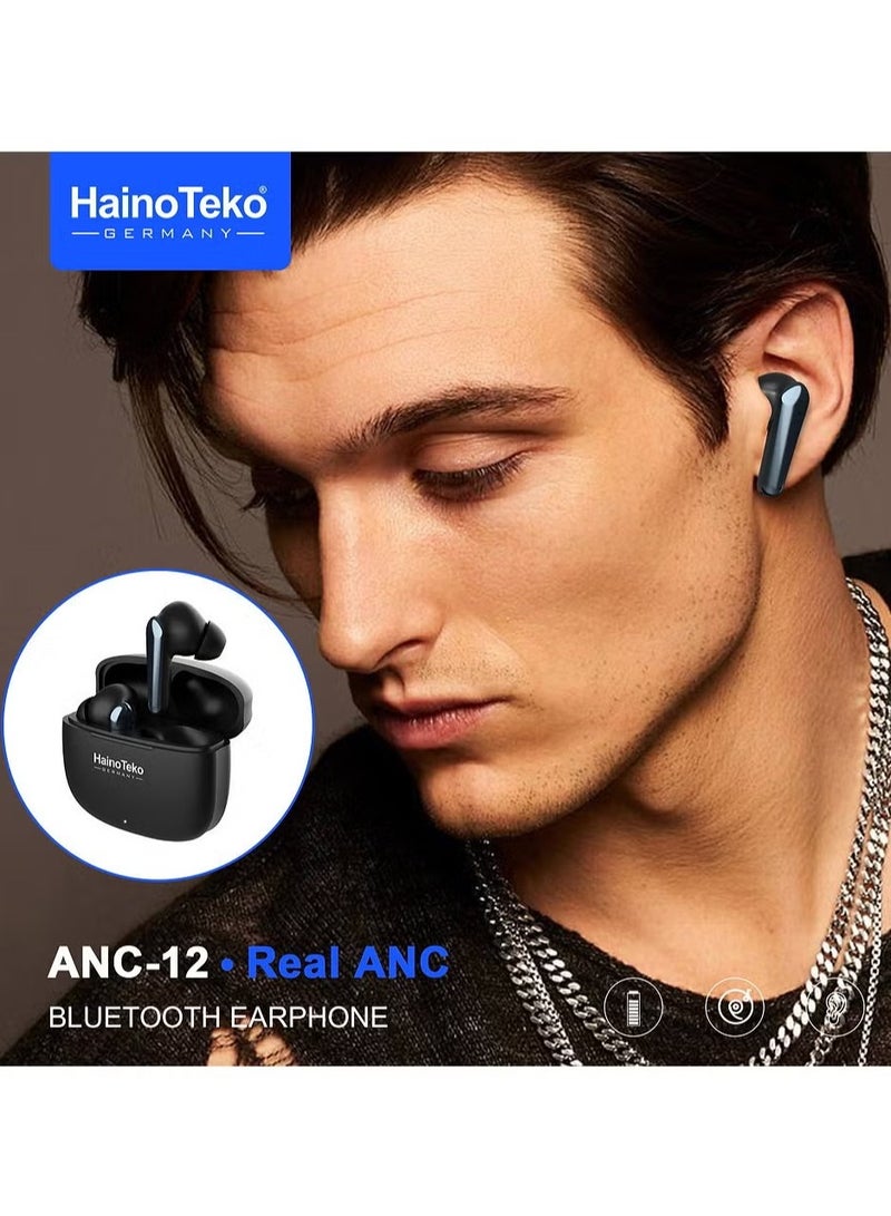 Haino Teko ANC-12 Real ANC Bluetooth Earphones with Active Noise Cancellation.. High Bass Sound Quality, Super Clear Microphone, Easy Touch Controls – Compatible with iPhones and iPads – Black - Image 2