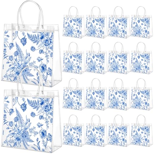 Kacctyen 24 Pcs Gift Bags for Party Favor Clear Goodie Bags with Handle 7.87 x 7.87 x 3.15 Return Gift Wrap Totes for Guests Treat Candy Wrapping (Blue Floral) - Image 1