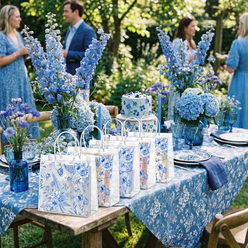 Kacctyen 24 Pcs Gift Bags for Party Favor Clear Goodie Bags with Handle 7.87 x 7.87 x 3.15 Return Gift Wrap Totes for Guests Treat Candy Wrapping (Blue Floral) - Image 5